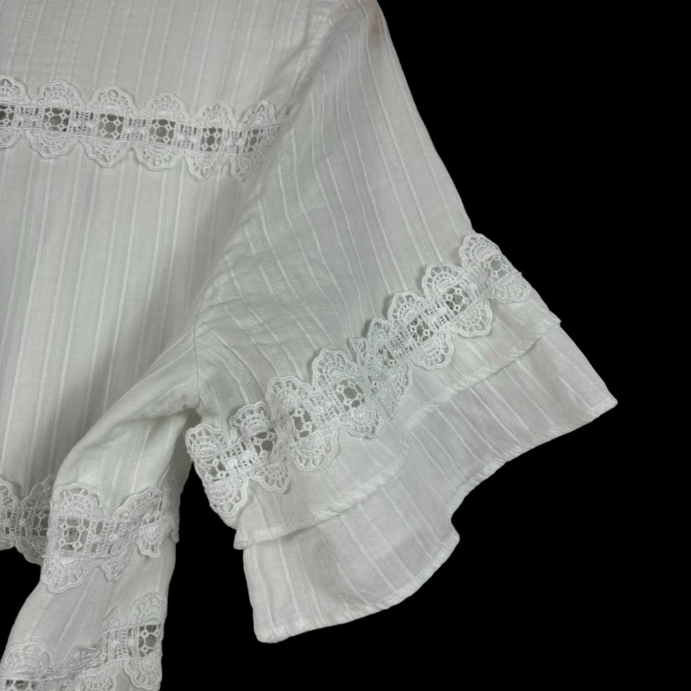 REBA White Cotton Mixed Lace Ruffle Boho V-Neck Short Sleeve Midi Dress Size 6 - Picture 4 of 9